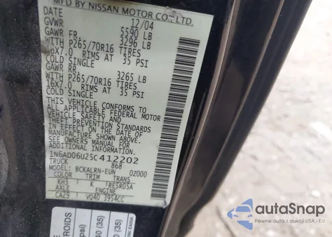 2005 Nissan Frontier Se z USA, uszkodzony, nr VIN 1N6AD06U25C412202